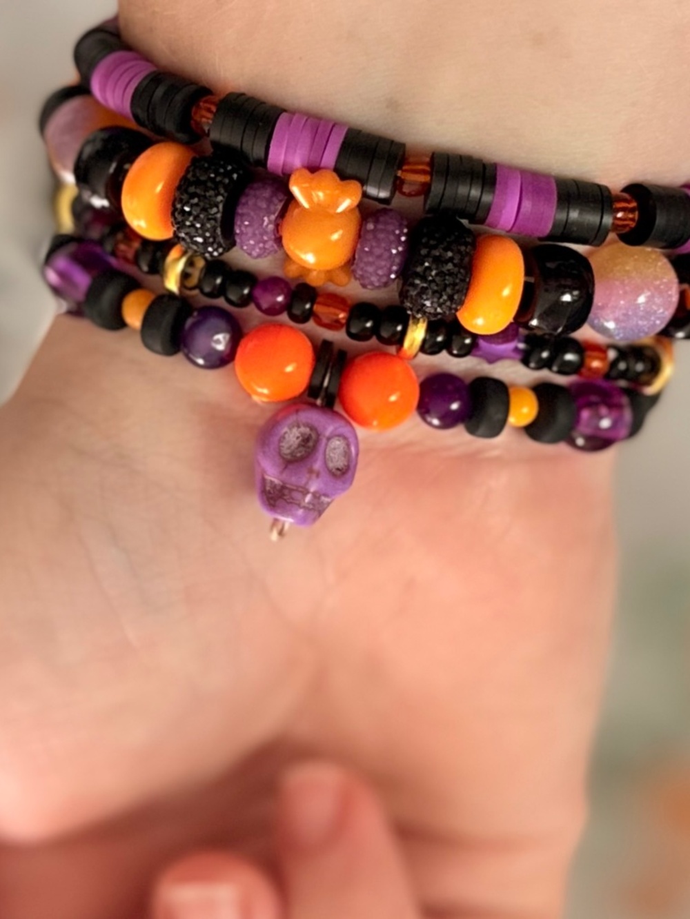 Set of 4pcs Elastic Purple Orange Black Halloween Skull Candy Bracelets - 6”